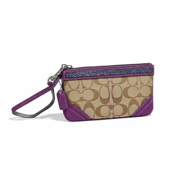 Coach Handbags - Coach Beaded Purple Suede Signature C Jacquard Wristlet Clutch
